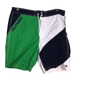 Tommy Hilfiger color-block swim trunks green/white/navy  "HILFIGER" logo Med NWT
